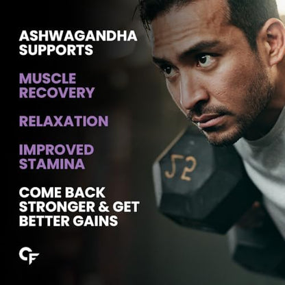 Man lifting weights with text about Ashwagandha benefits on a dark background