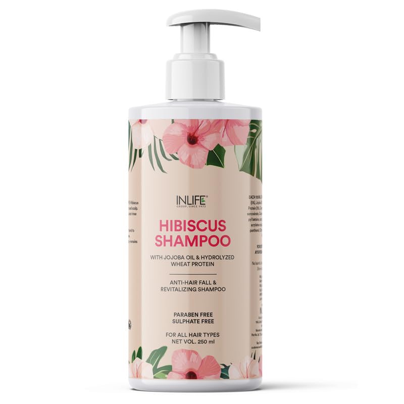 INLIFE Hibiscus Shampoo | Ayurvedic Natural | with Jojoba Oil & Hydrolyzed Wheat Protein | Dry and Frizzy Hair | Paraben & Sulphate Free | Women Men - 250ml (Pack of 1, 250)