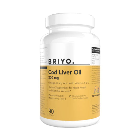 Briyo Cod Liver Oil supplement bottle on a white background
