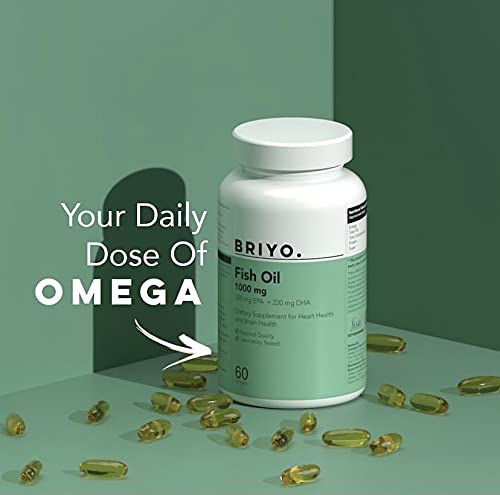 Briyo fish oil supplement bottle with capsules on a green background