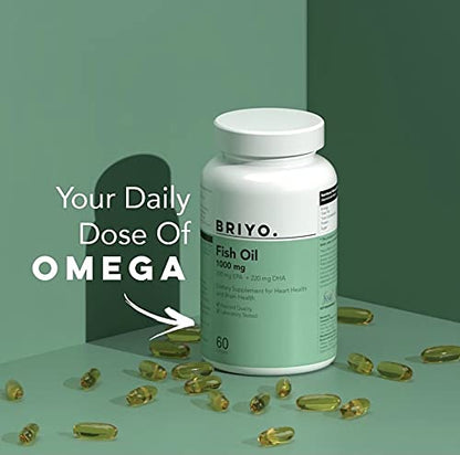 Briyo fish oil supplement bottle with capsules on a green background