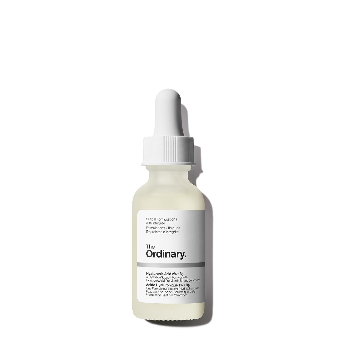 Skincare dropper bottle with 'The Ordinary' label on a white background
