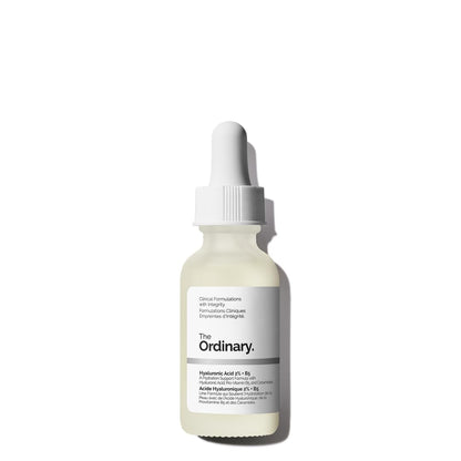 Skincare dropper bottle with 'The Ordinary' label on a white background