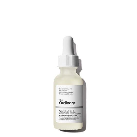 Skincare dropper bottle with 'The Ordinary' label on a white background
