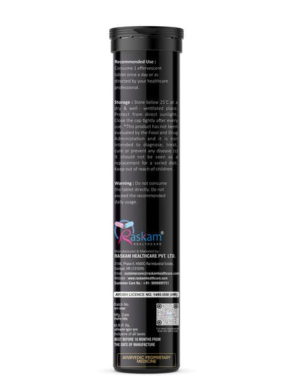 Black cylindrical container with text and branding on a white background
