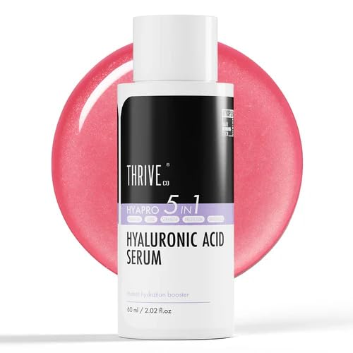 Thrive 5-in-1 Hyaluronic Acid Serum bottle with pink circular background
