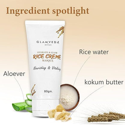 Glamveda Rice Creme Masque & Glow Cream Mask | Face Mask for Glowing Skin & Dull, Dry, Sensitive Skin | New-Age Ubtan Face Pack for All Skin Types | Men & Women | No Paraben, SLS | 80gm Pack of 1