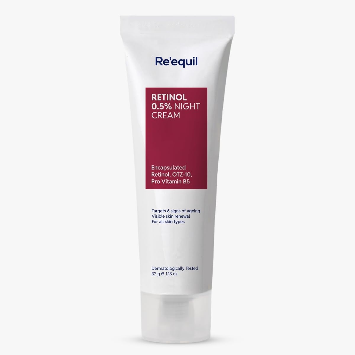 Retinol night cream tube with 'Re'equil' branding on a white background