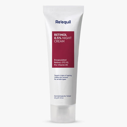 Retinol night cream tube with 'Re'equil' branding on a white background