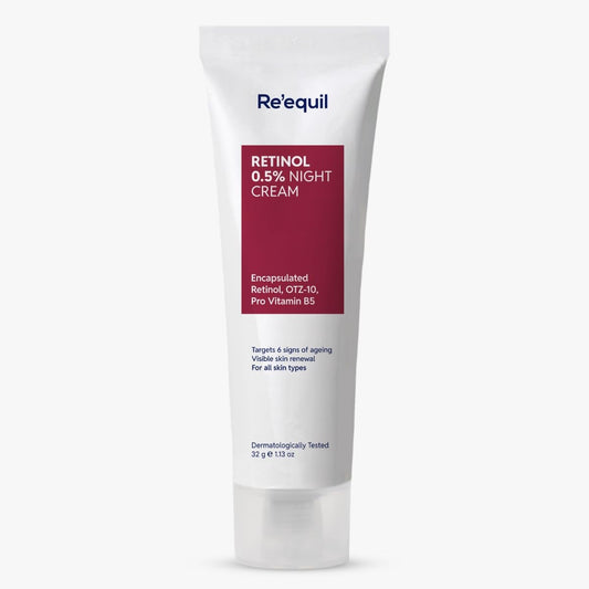 Retinol night cream tube with 'Re'equil' branding on a white background