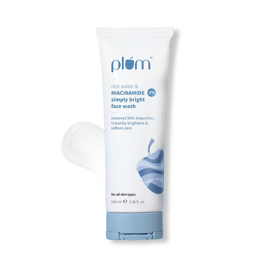 Plum 2% Niacinamide & Rice Water Face Wash 100ml | Hydrates & Brightens Skin | Softens & Smoothens Skin | Gentle & Non-Drying | Gently Cleanses 99% pore clogging impurities | Women & Men |