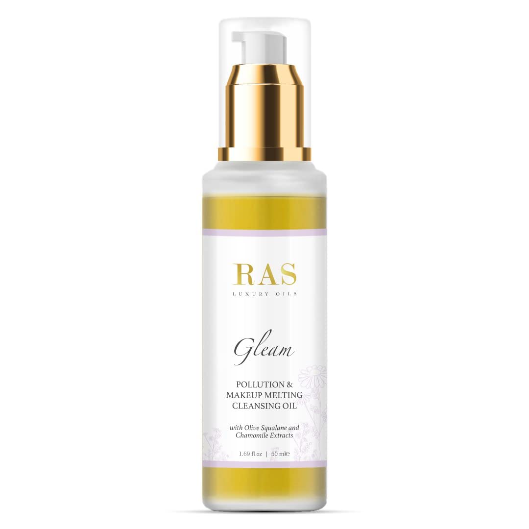 RAS Luxury Oils Gleam- Pollution & Makeup Melting Cleansing Oil; Enriched With Olive Oil, Moringa & Chamomile Extracts; Melts Makeup, Removes Dirt and Buildup, Calms & Brightens the Skin ; 50 ml
