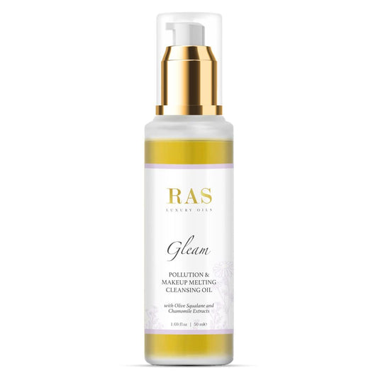 RAS Luxury Oils Gleam- Pollution & Makeup Melting Cleansing Oil; Enriched With Olive Oil, Moringa & Chamomile Extracts; Melts Makeup, Removes Dirt and Buildup, Calms & Brightens the Skin ; 50 ml