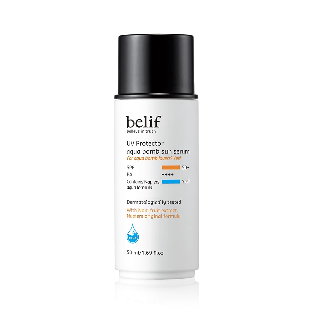 belif UV Protector aqua bomb sun serum bottle on a white background