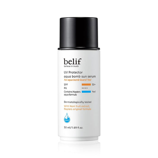 belif UV Protector aqua bomb sun serum bottle on a white background