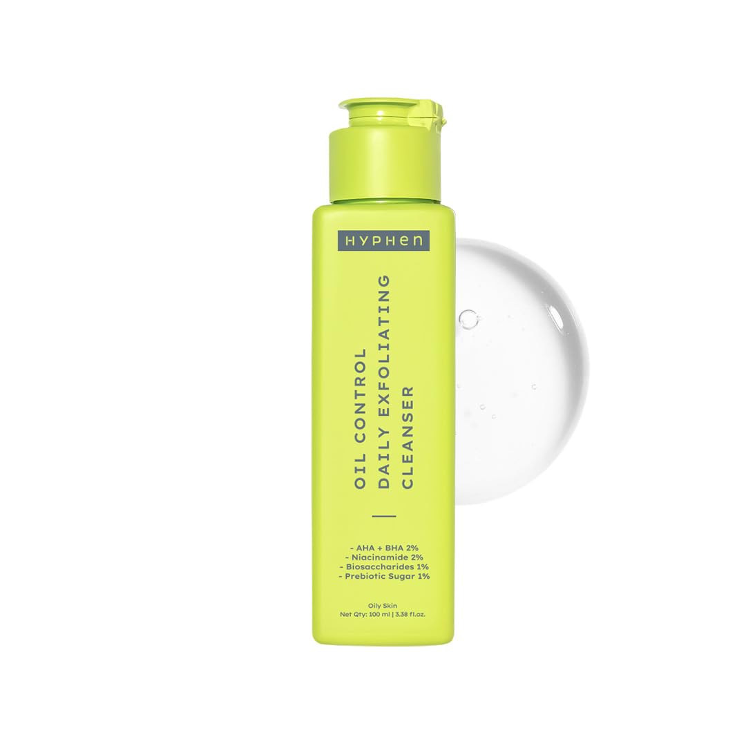 Green bottle of Hyphen oil control daily exfoliating cleanser on a white background