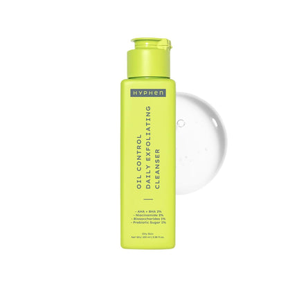 Green bottle of Hyphen oil control daily exfoliating cleanser on a white background