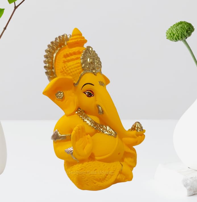 Handcrafted Poly Resin Ganesha Statue with Base - Perfect for Car Dashboard, Office Desk, Shelves, and Home Decor - Ideal Housewarming Gift! (MUKUTMANGOTERRACOTTA)