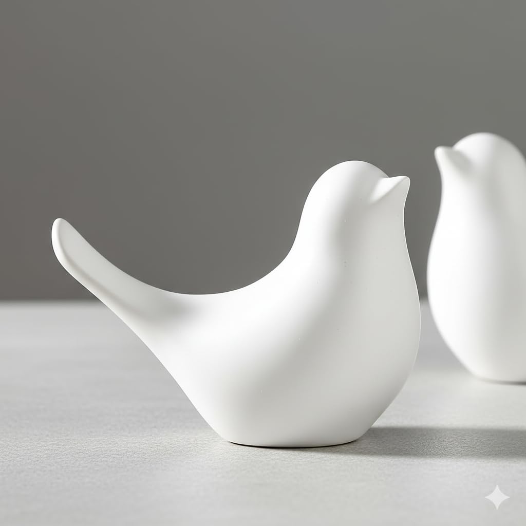 Ceramic Bird Figurines Set of 2 (3.5 Inch) | Decorative Bird Showpiece for Home Decor | Tabletop Bird Statue for Living Room, Bedroom, Office, Shelf & Bookshelf | Snowy Symphony, White