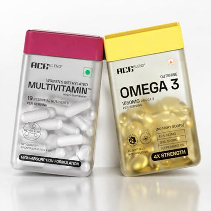 Ace Blend Women’s Wellness Combo | Omega 3 Fish Oil 1650mg (60 Softgels) + Multivitamin Capsule (60) | With EPA DHA, Iron, Quatrefolic, K2 & D3 | Daily Nutrition Support