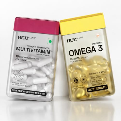 Ace Blend Women’s Wellness Combo | Omega 3 Fish Oil 1650mg (60 Softgels) + Multivitamin Capsule (60) | With EPA DHA, Iron, Quatrefolic, K2 & D3 | Daily Nutrition Support