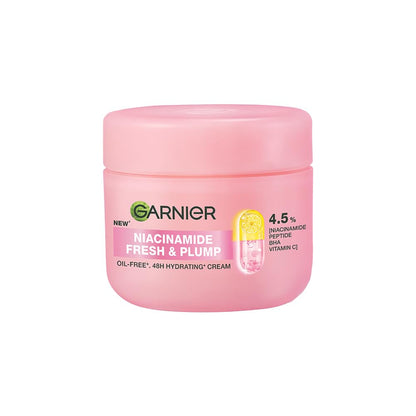 Pink jar of Garnier Niacinamide Fresh & Plump cream on a white background