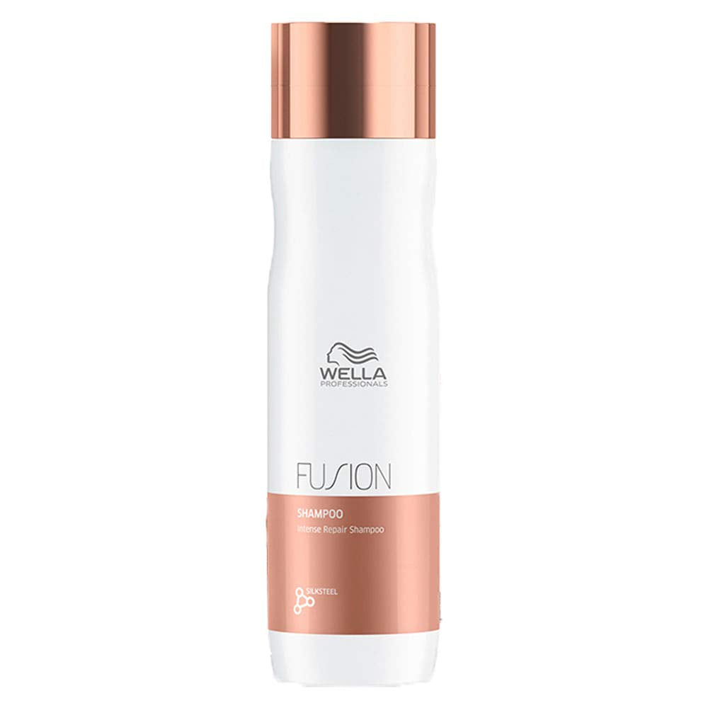 Wella Fusion shampoo bottle with white and rose gold design on a white background
