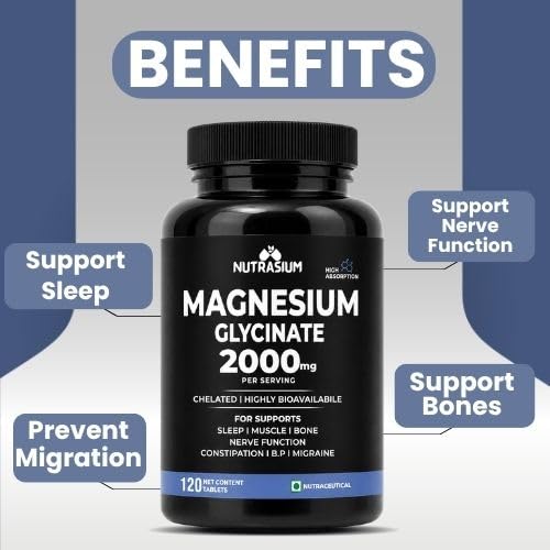 Nutrasium | Magnesium Glycinate 2000 mg | Chealated Magnesium Supplement For Natural Sleep, Muscle Relaxation, Nerve Function, Heart & Bone Health, Stress & Calmness | 120 Tablets