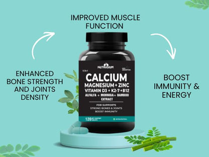 Nutrasium | Calcium & Vitamin D3 Tablets | Calcium Magnesium Zinc D3 & K2 with B12 & Folic Acid | Alfalfa, Moringa & Bamboo Leaves Extract | For Strong Bone & Joint Support | 120 Tablets