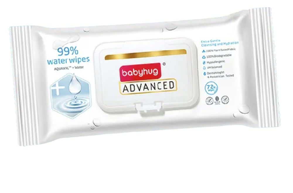 Babyhug Advanced 99% Water Unscented Baby Wipes 72 Pieces, 100% Plant Based Fabric, Biodegradable, Fragrance Free, Hypoallergenic