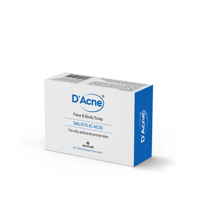 D'Acne face and body soap packaging on a white background