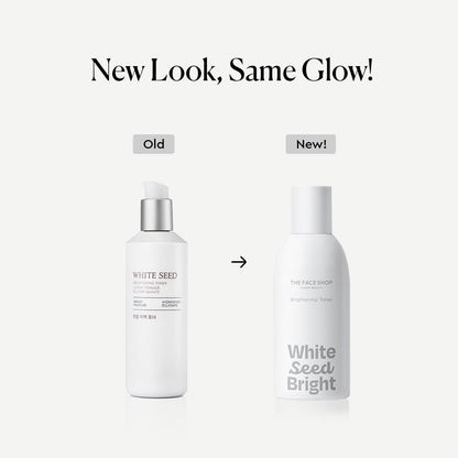 Two bottles of 'White Seed' skincare products with text 'New Look, Same Glow!' on a white background.