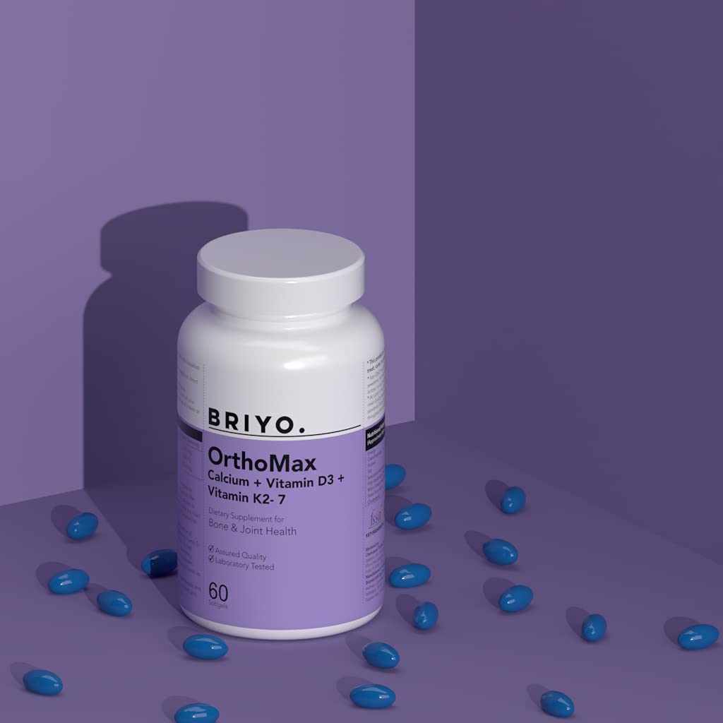 BRIYO OrthoMax supplement bottle with blue capsules on a purple background