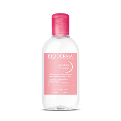 Bioderma Sensibio Tonique bottle with pink cap on a white background