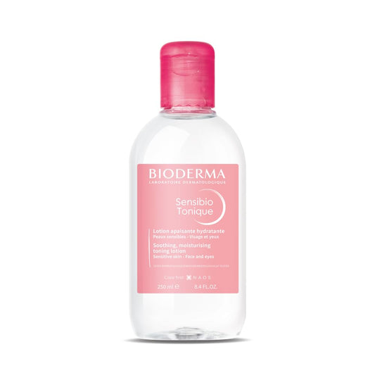 Bioderma Sensibio Tonique bottle with pink cap on a white background