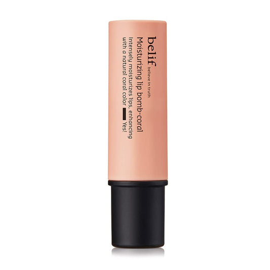 Lip balm with black cap and coral color on white background