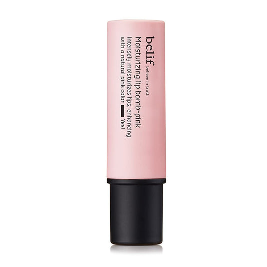 Pink lip balm with black cap on a white background