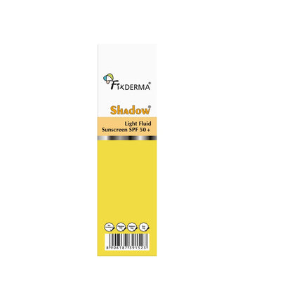 Fixderma Shadow Light Fluid Sunscreen SPF 50+ & PA++++, Lightweight & Oil Free, Clinically Tested in-Vivo, for Oily Skin, Sensitive, No White Cast, UVA/UVB Protection - 50g