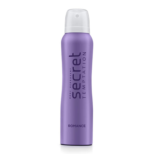 Purple deodorant spray bottle labeled 'Secret Temptation Romance' on a white background