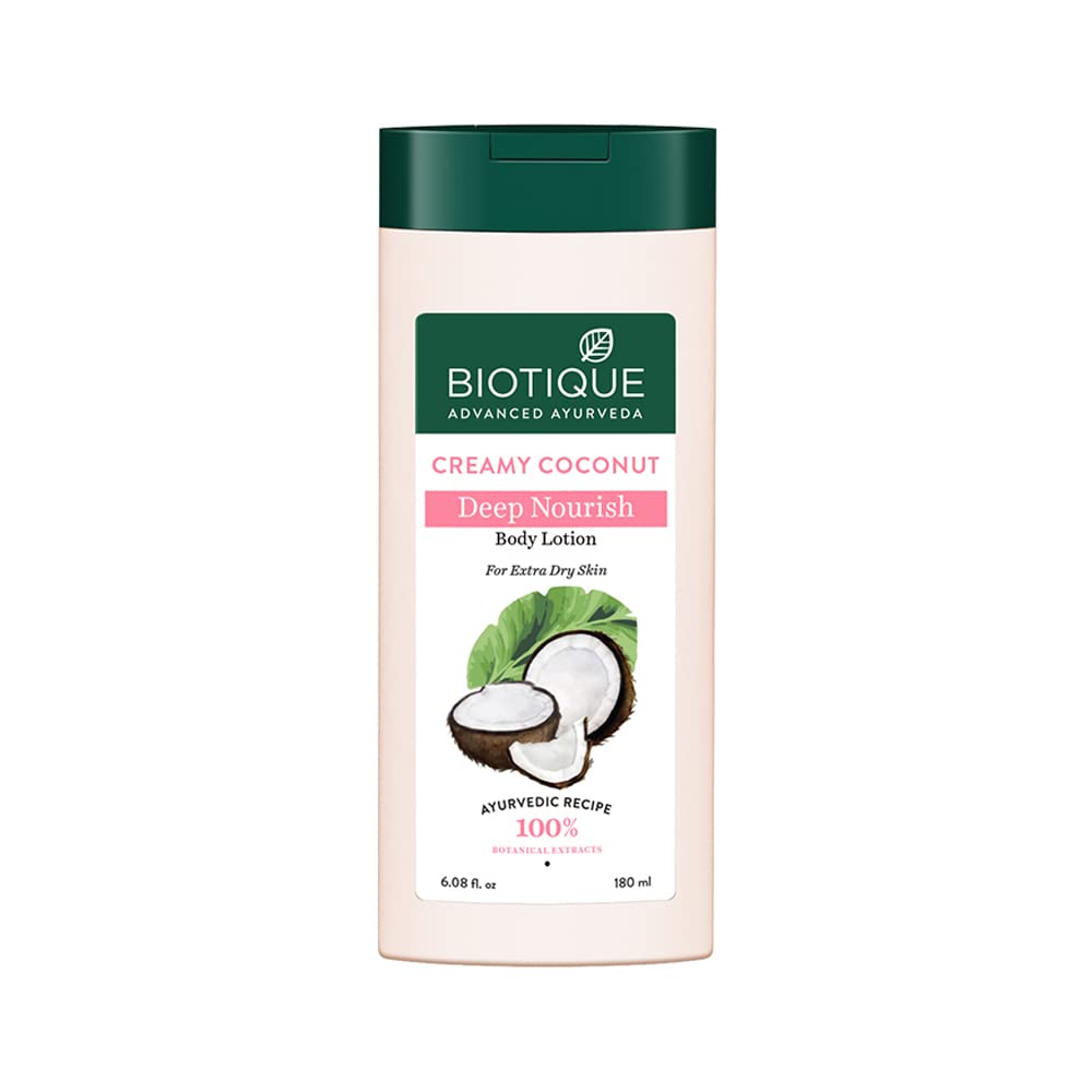 Biotique Creamy Coconut Deep Nourish Body lotion For Extra Dry Skin | Heals, Repairs, and Soothes the Skin | Moisturizing and Skin-Humidifying | 100% Botanical Extracts| All Skin Types | 180ml