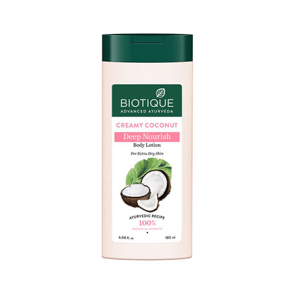 Biotique Creamy Coconut Deep Nourish Body lotion For Extra Dry Skin | Heals, Repairs, and Soothes the Skin | Moisturizing and Skin-Humidifying | 100% Botanical Extracts| All Skin Types | 180ml