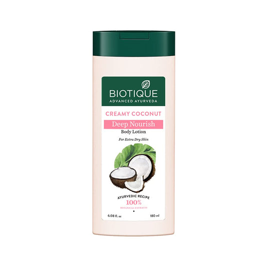 Biotique Creamy Coconut Deep Nourish Body lotion For Extra Dry Skin | Heals, Repairs, and Soothes the Skin | Moisturizing and Skin-Humidifying | 100% Botanical Extracts| All Skin Types | 180ml