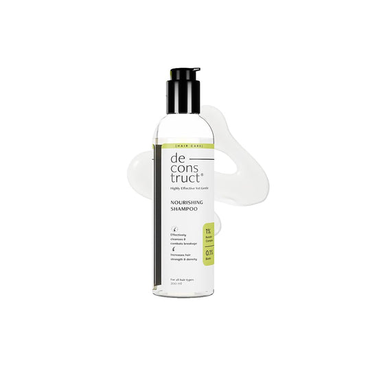 Shampoo bottle labeled 'de construct' on a white background
