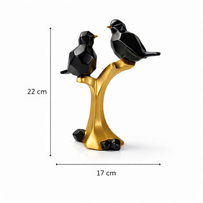 Striking Geometric Bird Pair Sculpture for Home & Office Décor | Modern Black & Gold Perched Birds Showpiece for Living Room, Shelf & Table Styling (22 cm)
