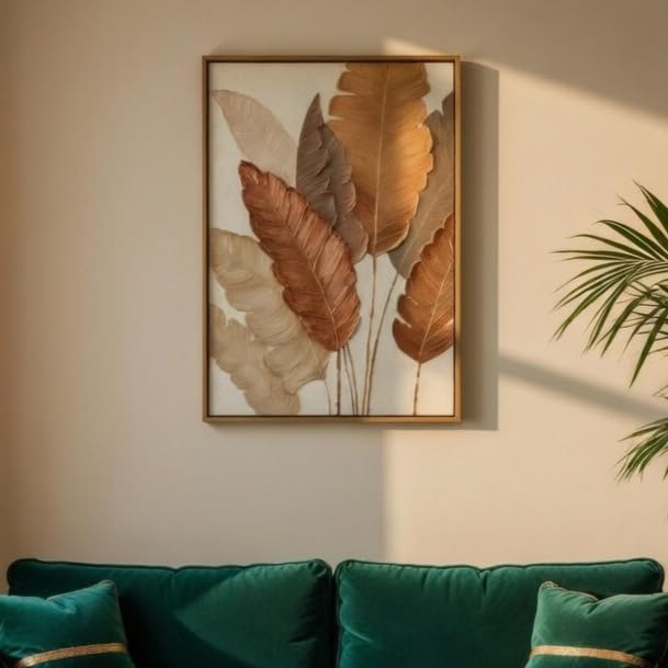 Minimalist Botanical Leaf Wall Painting with Wooden Frame | Modern Beige Leaf Artwork HD UV Laminated MDF Wall Decor | Aesthetic Nature Wall Art for Living Room Bedroom Home 13.5 Inch x 19.5 Inch