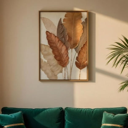 Minimalist Botanical Leaf Wall Painting with Wooden Frame | Modern Beige Leaf Artwork HD UV Laminated MDF Wall Decor | Aesthetic Nature Wall Art for Living Room Bedroom Home 13.5 Inch x 19.5 Inch