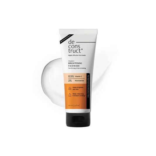 Tube of de construct brightening face wash on a white background