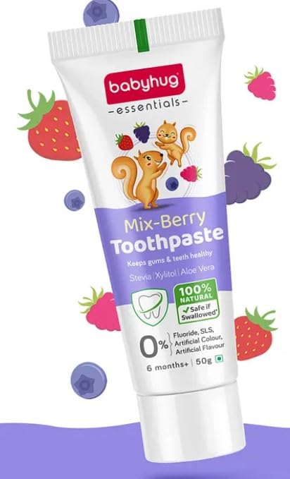 Babyhug Mixberry Flavoured Toothpaste for Ages 6 Months+ |100% Natural Ingredients Fluoride Free No SLS/SLES - 50 g