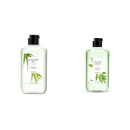Two bottles of aloe vera gel with green labels on a white background