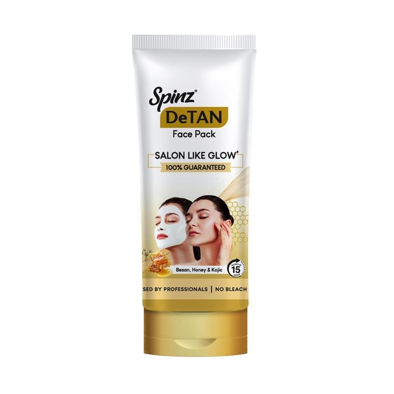 Spinz DeTan Face Pack with Besan, Honey & Kojic Acid | Tan Removal cream for Brightening & Glow | Salon-like Glow in 15 mins | 100gm